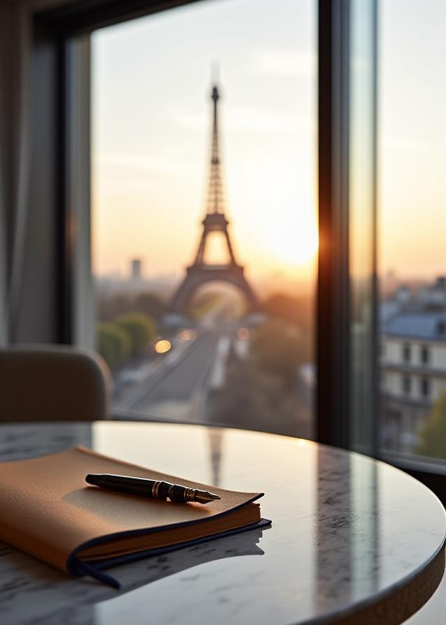 A high-end Parisian meeting room overlooking the city, symbolizing strategic vision